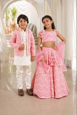 Pink mirror work georgette lehenga choli & kurta jacket brother sister matching combo 1