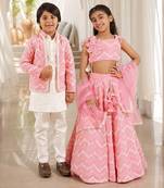 Pink mirror work georgette lehenga choli & kurta jacket brother sister matching combo