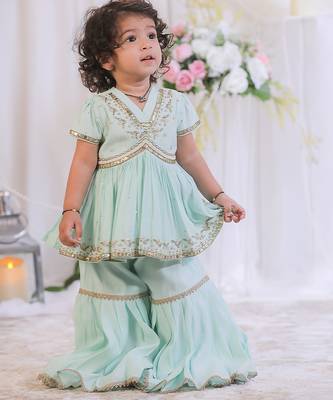 Sea green & blue embroidered silk sharara set & kurta pyjama brother sister matching combo 2