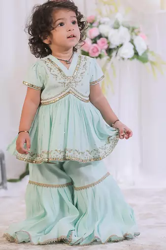 Sea green & blue embroidered silk sharara set & kurta pyjama brother sister matching combo