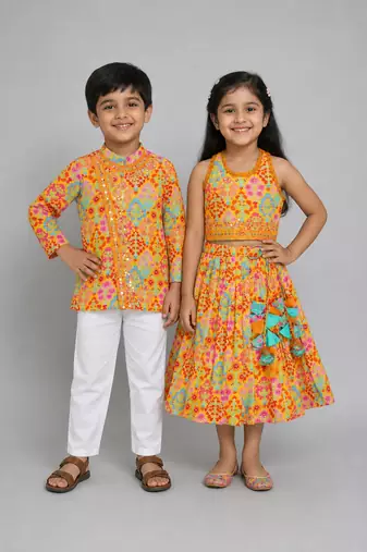 Mustard embroidered cotton silk lehenga choli & kurta pyjama brother sister matching combo