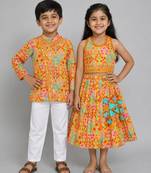 Mustard embroidered cotton silk lehenga choli & kurta pyjama brother sister matching combo