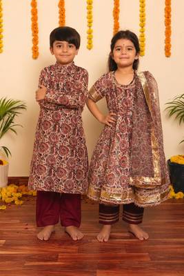 Brown handwoven organza anarkali set & kurta pyjama brother sister matching combo 1