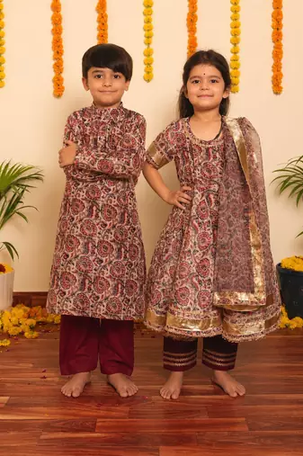 Brown handwoven organza anarkali set & kurta pyjama brother sister matching combo