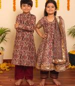 Brown handwoven organza anarkali set & kurta pyjama brother sister matching combo