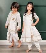White & off white embroidered chanderi silk kurta set & dhoti kurta brother sister matching combo
