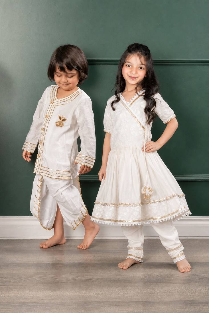 White & off white embroidered chanderi silk kurta set & dhoti kurta brother sister matching combo