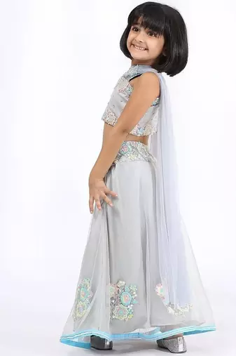 Grey embroidered & solid cotton silk lehenga choli & kurta pant brother sister matching combo