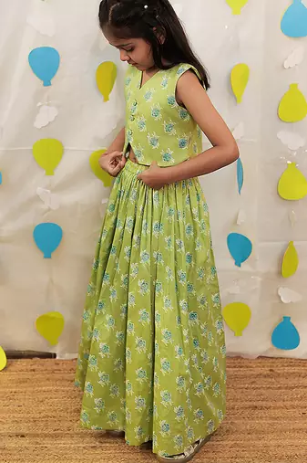 Green embroidered cotton co-ord set & kurta pyjama brother sister matching combo