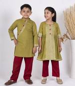 Yellow & green solid cotton kurta set & kurta pyjama brother sister matching combo