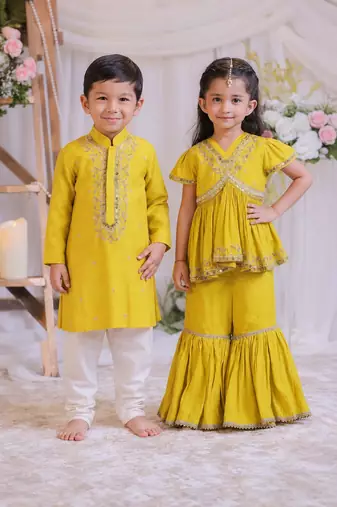 Mustard yellow & yellow embroidered silk sharara set & kurta pyjama brother sister matching combo
