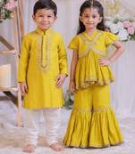 Mustard yellow & yellow embroidered silk sharara set & kurta pyjama brother sister matching combo