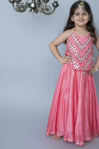 Pink handwoven cotton lehenga choli & kurta pyjama brother sister matching combo
