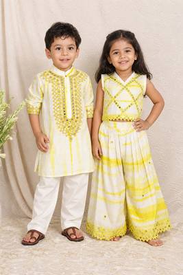 Yellow & white embroidered silk sharara set & kurta pant brother sister matching combo 1