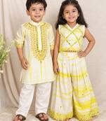 Yellow & white embroidered silk sharara set & kurta pant brother sister matching combo