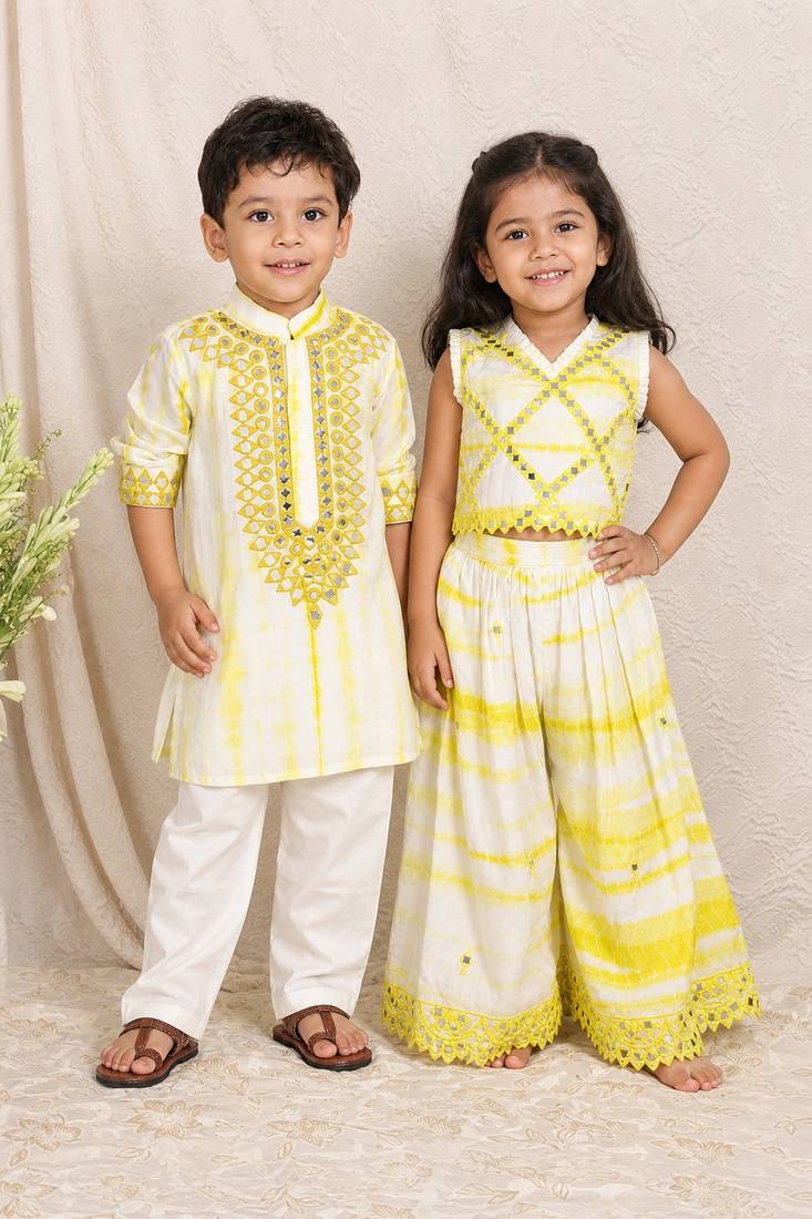Yellow & white embroidered silk sharara set & kurta pant brother sister matching combo