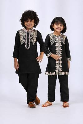 Black embroidered satin kurta set & kurta pant brother sister matching combo 1
