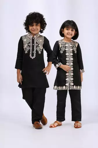 Black embroidered satin kurta set & kurta pant brother sister matching combo