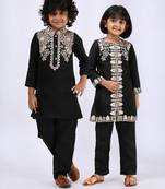 Black embroidered satin kurta set & kurta pant brother sister matching combo