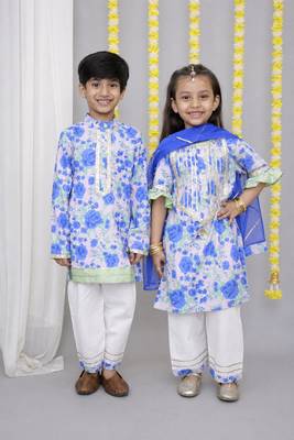 Blue & rose printed cotton kurta set & kurta pant brother sister matching combo 1