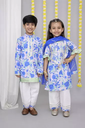 Blue & rose printed cotton kurta set & kurta pant brother sister matching combo