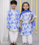 Blue & rose printed cotton kurta set & kurta pant brother sister matching combo