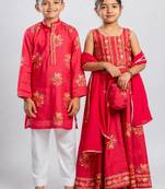 Red printed cotton lehenga choli & kurta pant brother sister matching combo