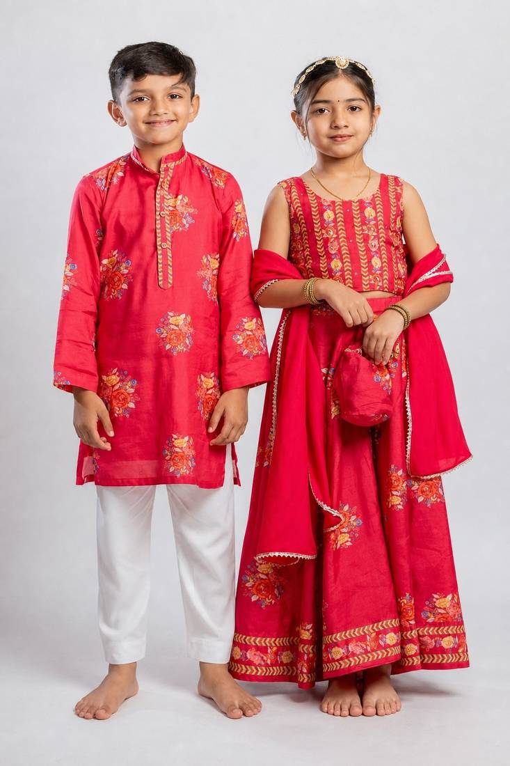 Red printed cotton lehenga choli & kurta pant brother sister matching combo