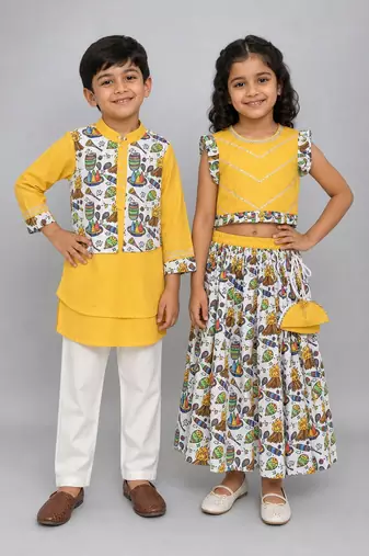 Multicolor & yellow printed cotton lehenga choli & kurta pyjama brother sister matching combo