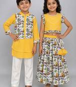 Multicolor & yellow printed cotton lehenga choli & kurta pyjama brother sister matching combo
