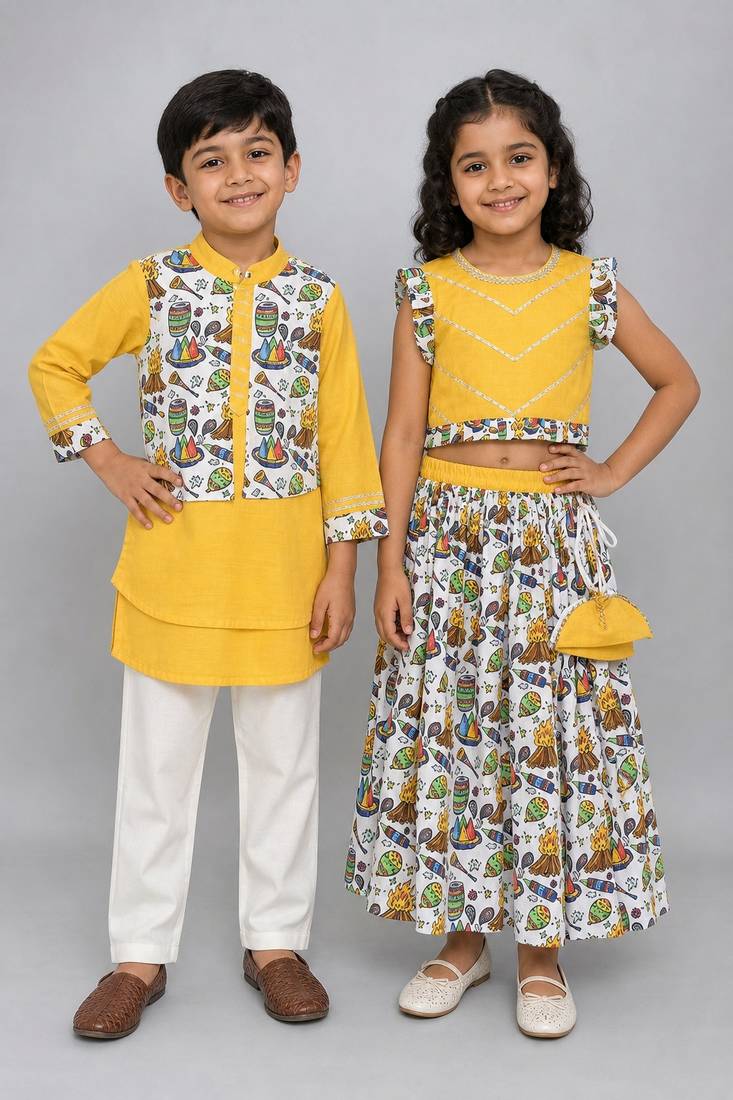 Multicolor & yellow printed cotton lehenga choli & kurta pyjama brother sister matching combo