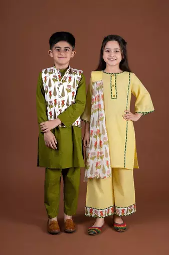 Yellow & olive green printed cotton palazzo set & kurta jacket brother sister matching combo