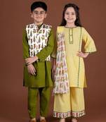 Yellow & olive green printed cotton palazzo set & kurta jacket brother sister matching combo