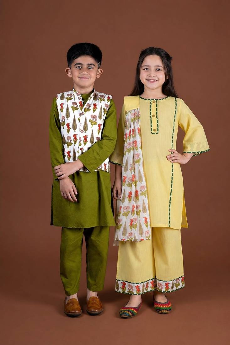 Yellow & olive green printed cotton palazzo set & kurta jacket brother sister matching combo