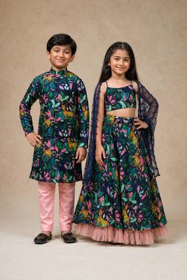 Blue embroidered & printed silk lehenga choli & kurta jacket brother sister matching combo 1