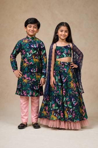 Blue embroidered & printed silk lehenga choli & kurta jacket brother sister matching combo