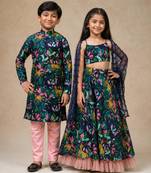 Blue embroidered & printed silk lehenga choli & kurta jacket brother sister matching combo