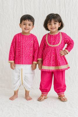 Pink printed & bandhani cotton kurta salwar set & dhoti kurta brother sister matching combo 1