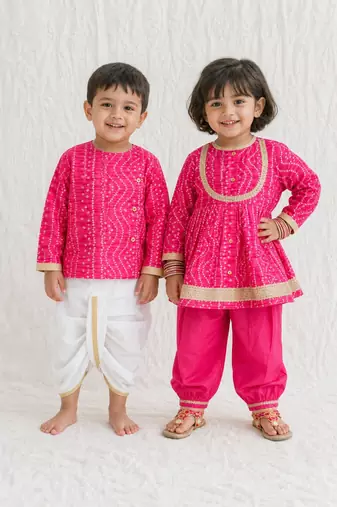 Pink printed & bandhani cotton kurta salwar set & dhoti kurta brother sister matching combo