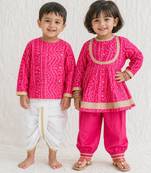 Pink printed & bandhani cotton kurta salwar set & dhoti kurta brother sister matching combo