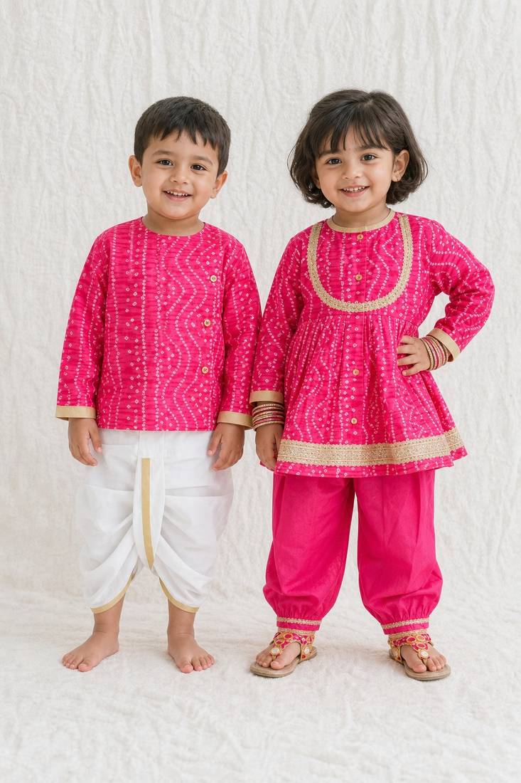 Pink printed & bandhani cotton kurta salwar set & dhoti kurta brother sister matching combo