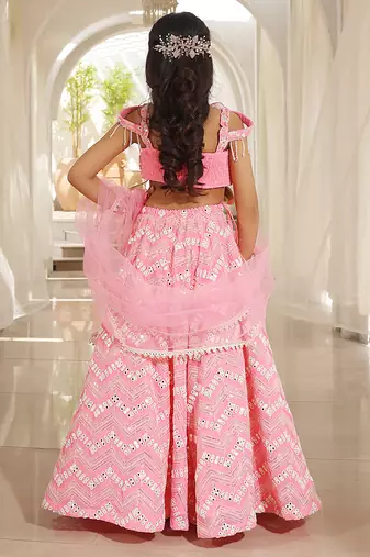 Pink mirror work georgette lehenga choli & kurta jacket brother sister matching combo