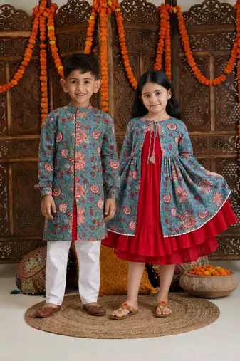Red & blue printed cotton anarkali set & kurta pyjama brother sister matching combo