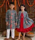 Red & blue printed cotton anarkali set & kurta pyjama brother sister matching combo