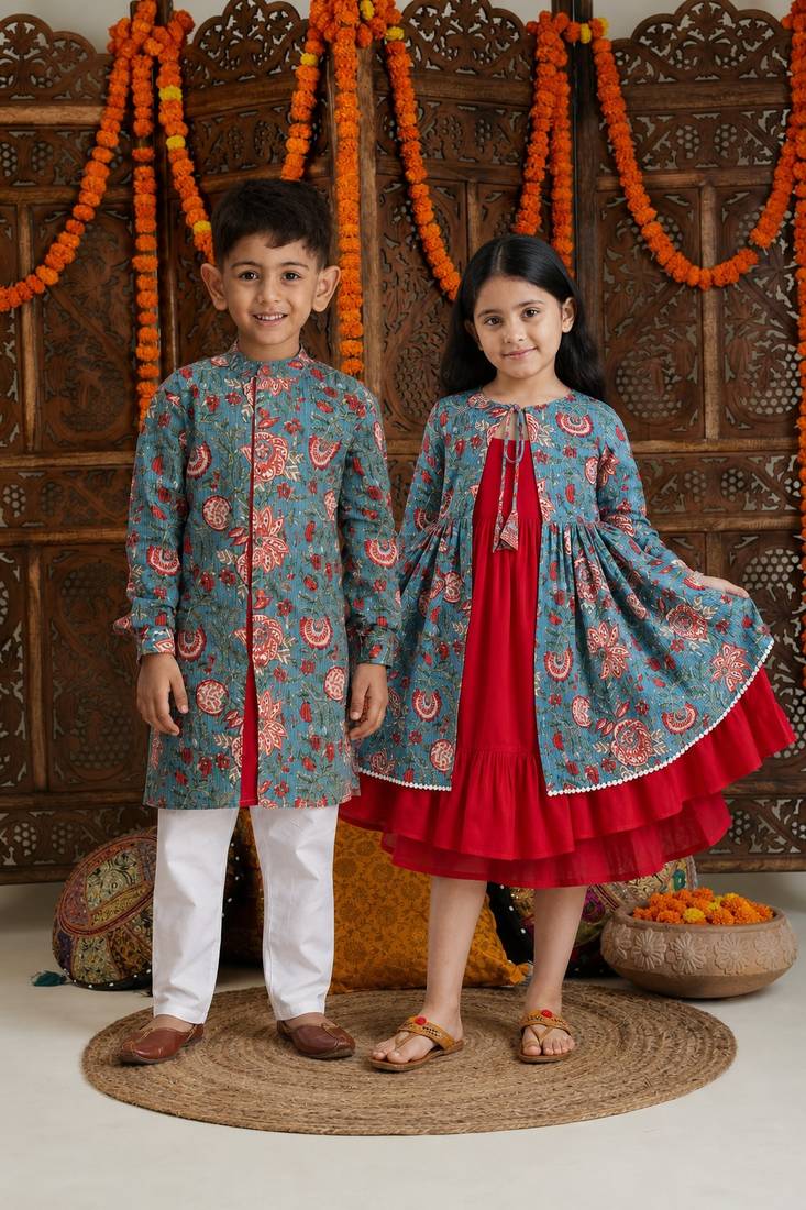 Red & blue printed cotton anarkali set & kurta pyjama brother sister matching combo