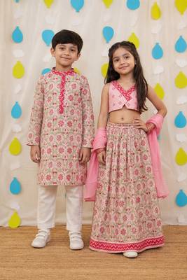 Pink embroidered cotton lehenga choli & kurta pyjama brother sister matching combo 1