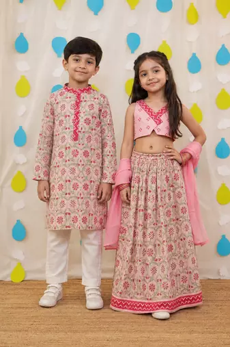 Pink embroidered cotton lehenga choli & kurta pyjama brother sister matching combo