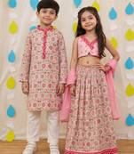 Pink embroidered cotton lehenga choli & kurta pyjama brother sister matching combo