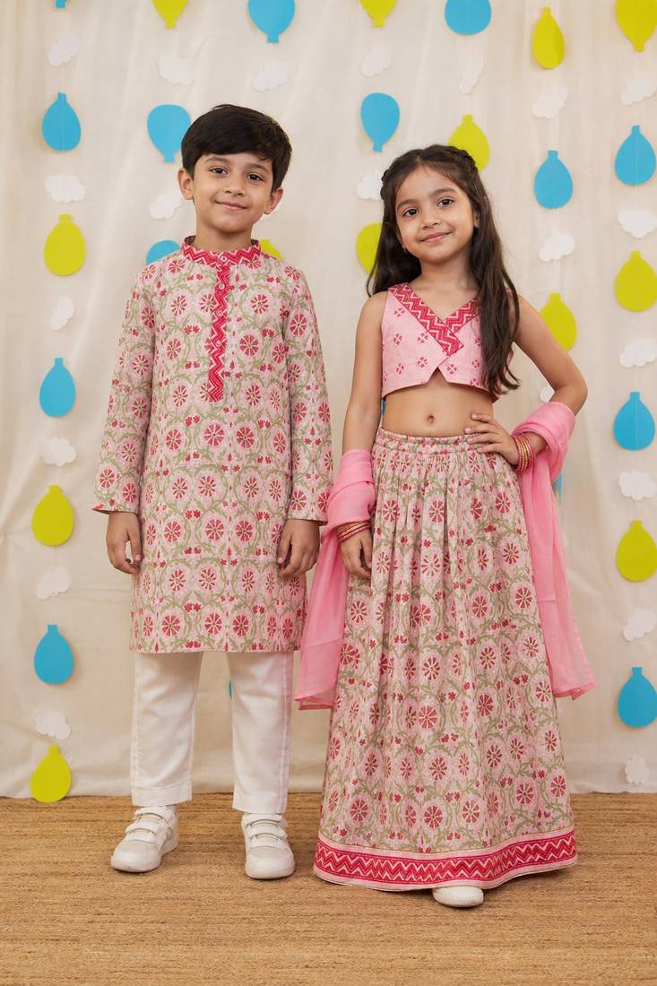 Pink embroidered cotton lehenga choli & kurta pyjama brother sister matching combo