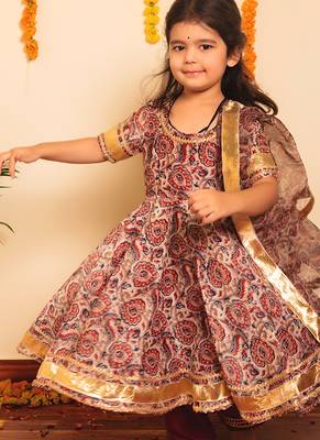 Brown handwoven organza anarkali set & kurta pyjama brother sister matching combo 2